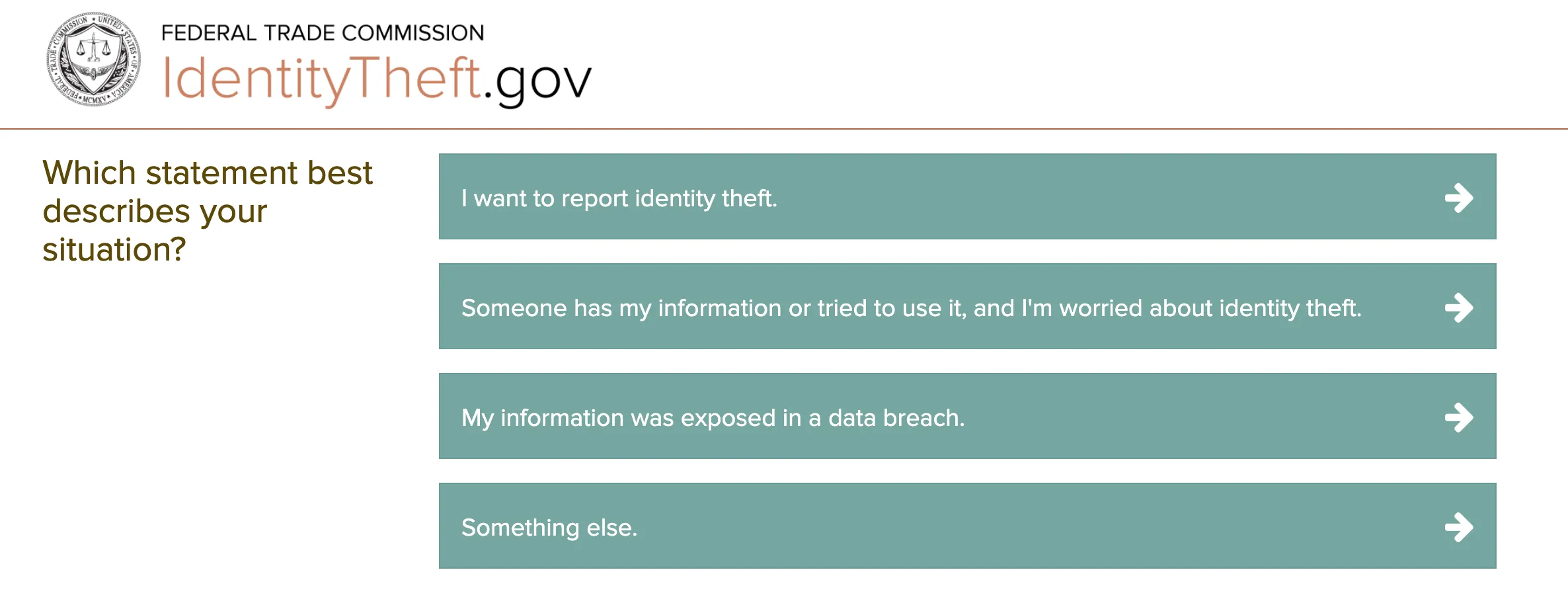 A screenshot of the FTC’s online identity theft affidavit system asking you to describe what happened to you.
